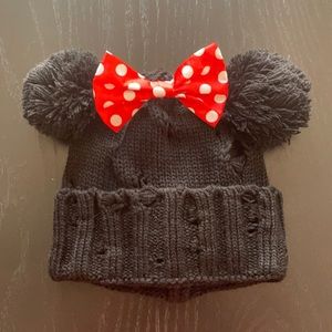 Minnie Mouse Distressed Beanie Pom Pom Ears Bow
